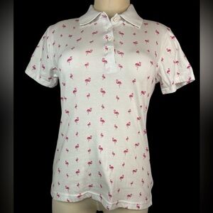 Chic Short Sleeve Pink Flamingo Print Polo Shirt Girls Medium